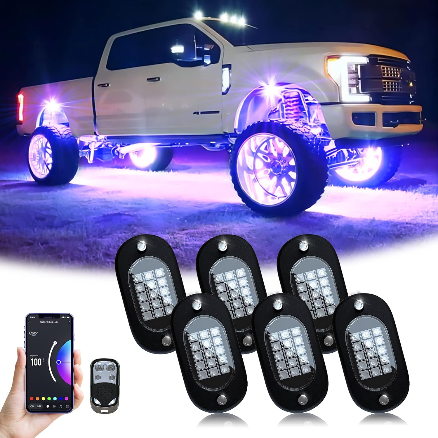 8 Pods RGB LED Rock Lights with APP Remote Control Music Mode Waterproof IP68 Y628